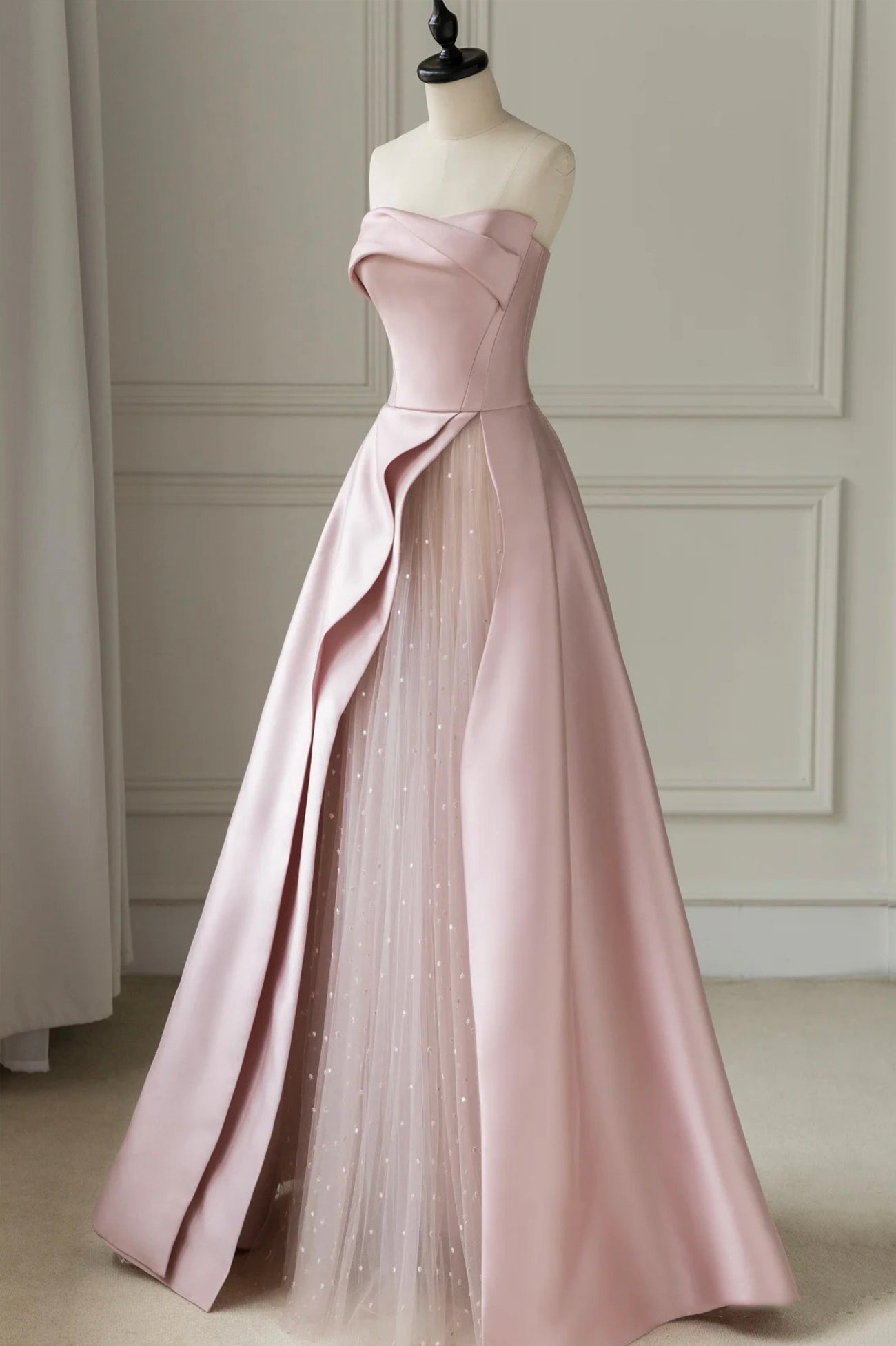 Pink Strapless Satin Floor Length Prom Dress, A-Line Formal Evening Dress