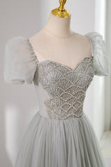 Gray Tulle Beading Long Prom Dress, A-Line Short Sleeve Evening Dress