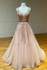 Pink V-Neck Lace Long Prom Dresses, A-Line Tulle Graduation Dresses