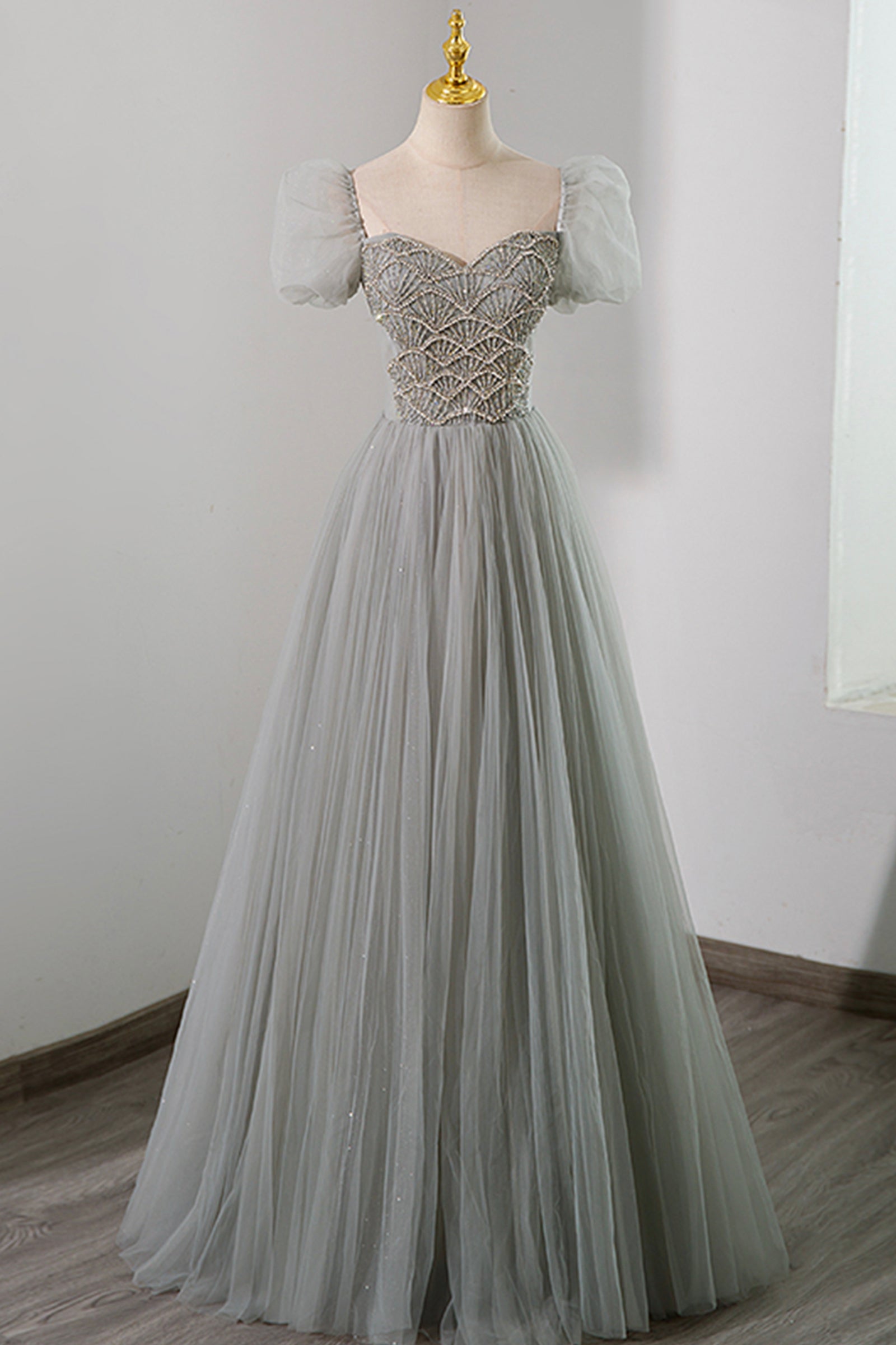 Gray Tulle Beading Long Prom Dress, A-Line Short Sleeve Evening Dress