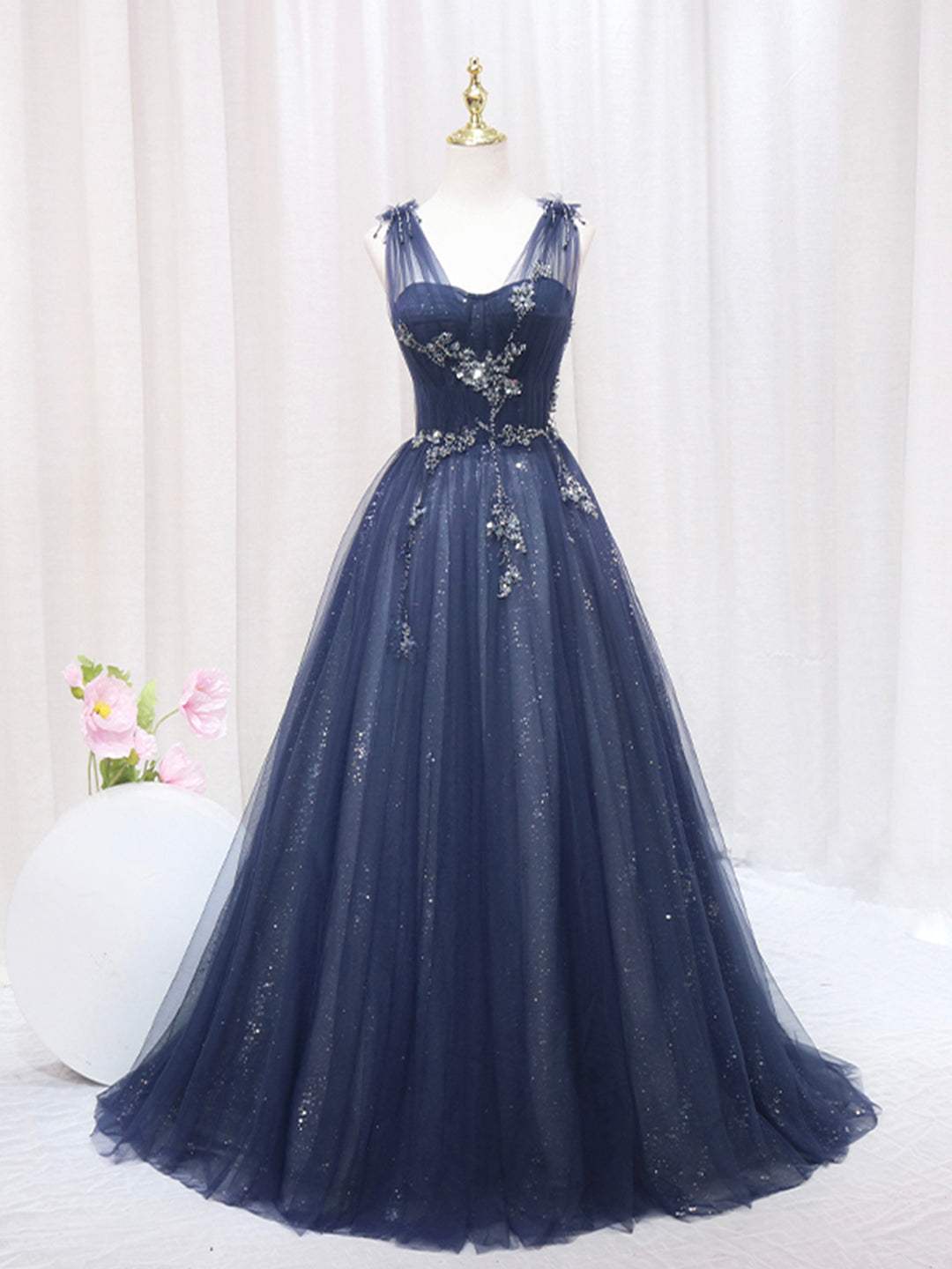 Blue Tulle Beaded Long Prom Dress, Blue Evening Party Dress