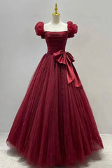 Burgundy Tulle Short Sleeve A-Line Formal Dresses, Burgundy Evening Dresses