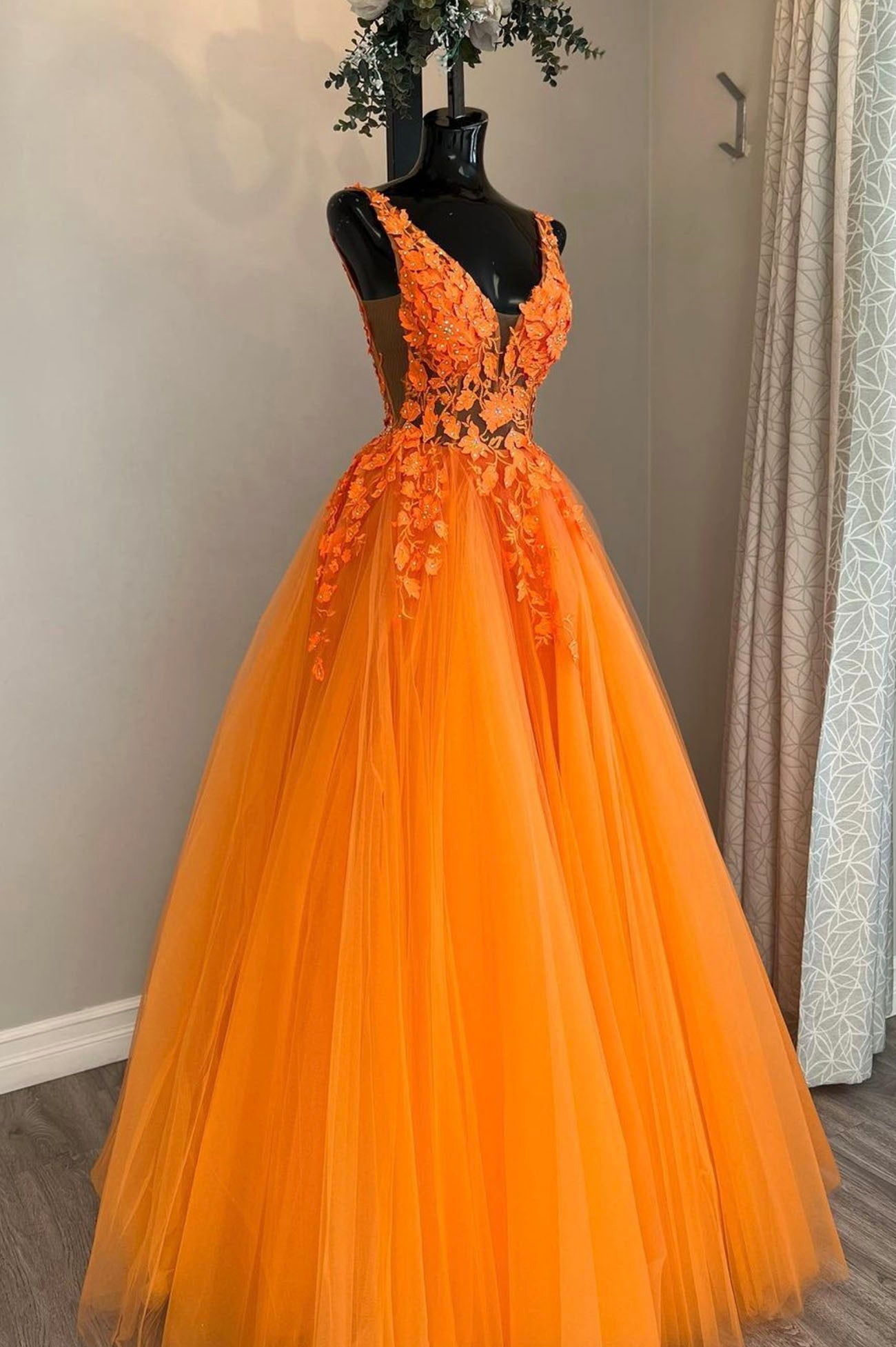 Orange V-Neck Lace Long Prom Dresses, A-Line Evening Party Dresses