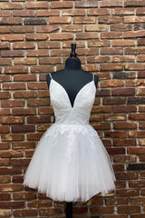 White V-Neck Tulle Lace Short Prom Dresses, Lace Evening Dresses