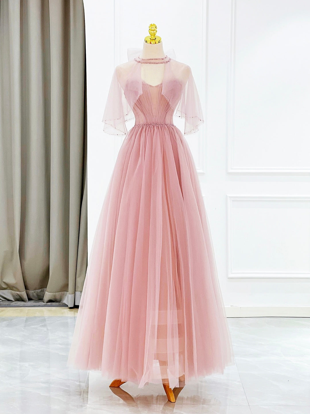 Pink Tulle Long Prom Dress with Beaded, Lovely A-Line Evening Dress