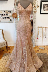 Mermaid V-Neck Rose Gold Long Prom Dress Outfits For Women with Criss Cross Back