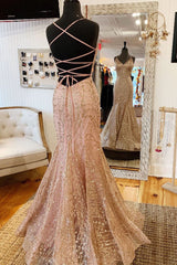 Mermaid V-Neck Rose Gold Long Prom Dress Outfits For Women with Criss Cross Back