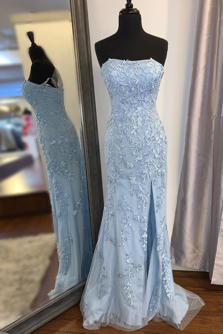 Elegant Strapless Mermaid Sky Blue Long Lace Prom Dress Outfits For Women with Slit