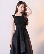Black Round Neck Satin Lace High Low Prom Dress, Black Homecoming Dress