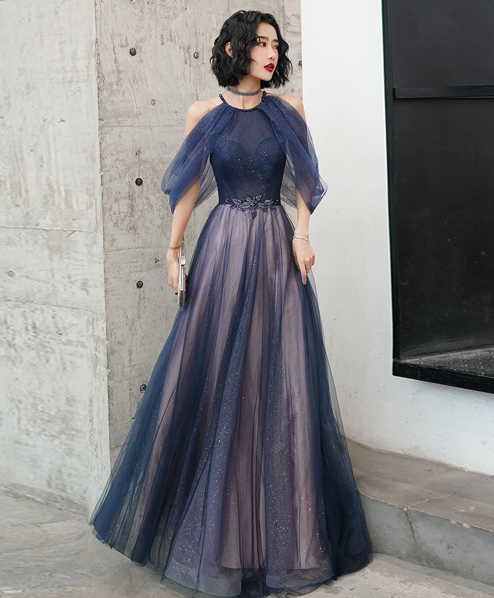 Blue Tulle Sequin Long Prom Dress, Blue Tulle Evening Dress