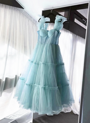 Light Blue Tulle Straps Long Party Dress Outfits For Women Evening Dress Outfits For Girls, Light Blue A-Line Prom Dress