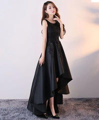 Black Round Neck Satin Lace High Low Prom Dress, Black Homecoming Dress