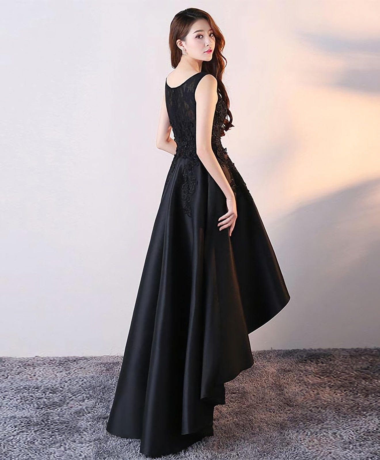 Black Round Neck Satin Lace High Low Prom Dress Black Homecoming Dress Secondary image