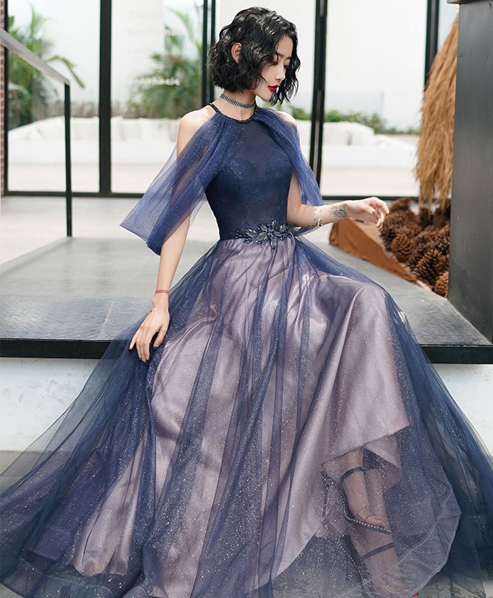 Blue Tulle Sequin Long Prom Dress, Blue Tulle Evening Dress