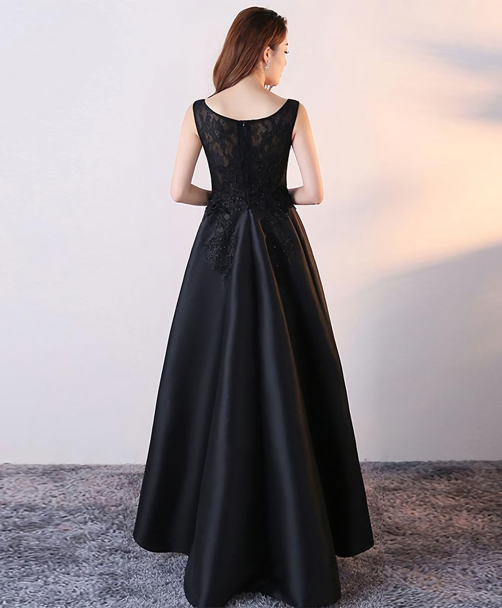 Black Round Neck Satin Lace High Low Prom Dress, Black Homecoming Dress
