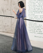 Blue Tulle Sequin Long Prom Dress, Blue Tulle Evening Dress