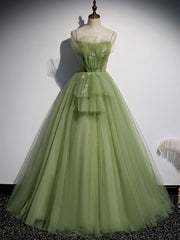 Green Tulle Long Prom Dress, Green Tulle Formal Dress