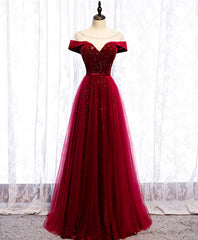 Burgundy Round Neck Tulle Sequin Long Prom Dress, Tulle Formal Dress