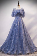 Blue Tulle Sequins Long Prom Dress, A-Line Blue Evening Dress