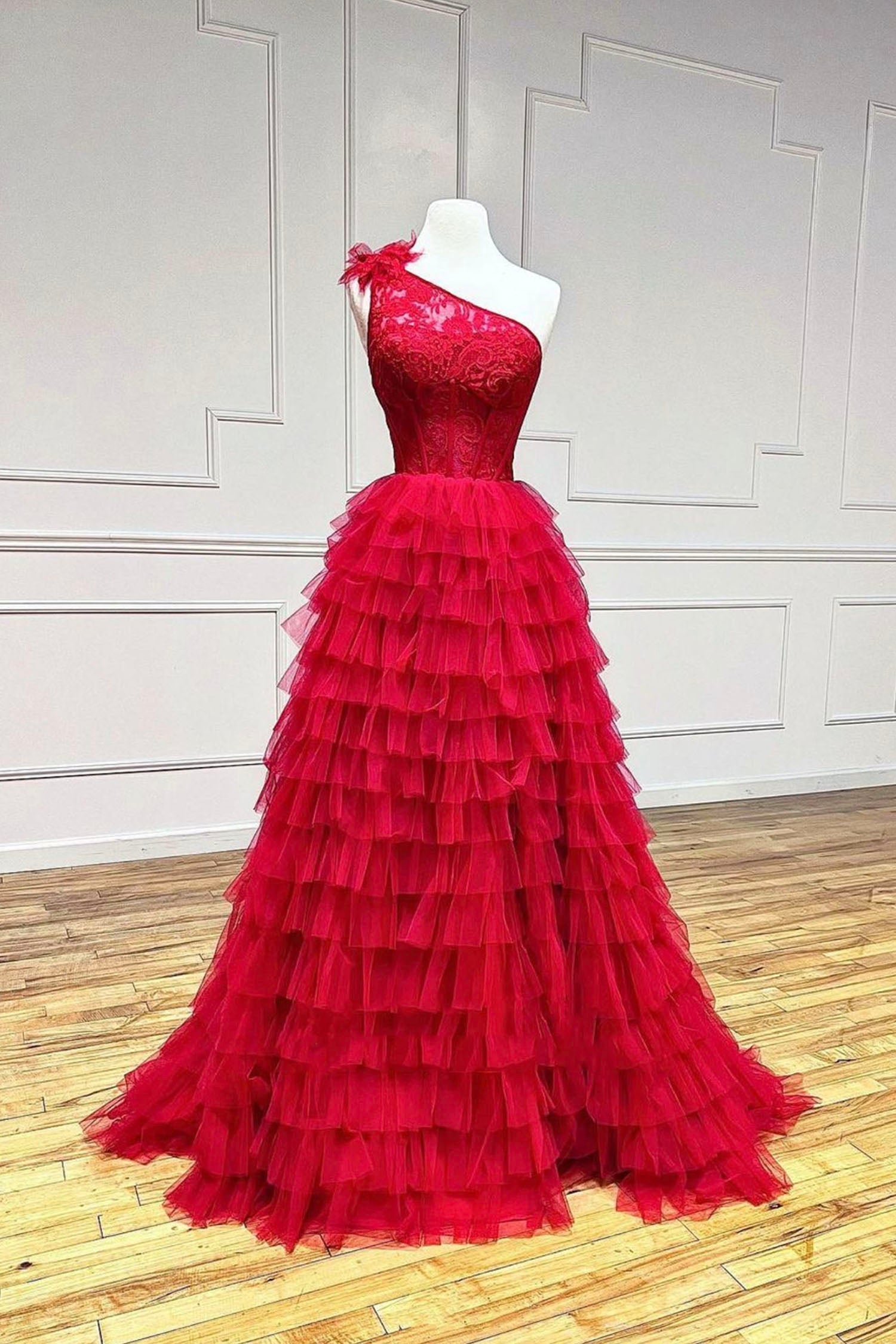 Red Tulle Lace Long Prom Dresses, One Shoulder Evening Dresses