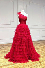 Red Tulle Lace Long Prom Dresses, One Shoulder Evening Dresses