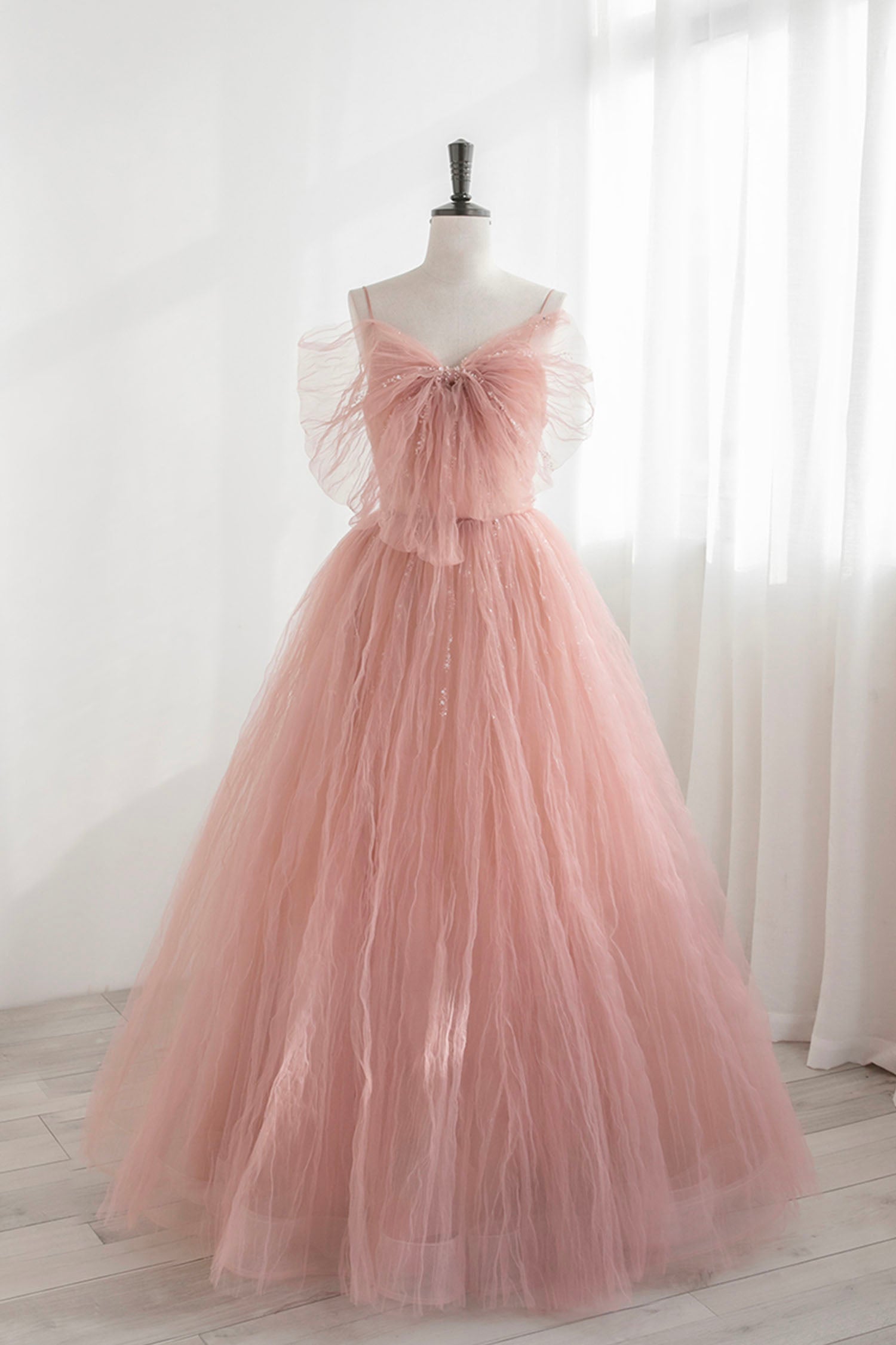 Pink Tulle Beaded Long Prom Dress, A-Line Evening Dress with Bow