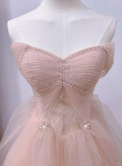 Pink Sweetheart Tulle Beaded Long Party Dress Outfits For Girls, Pink Tulle Prom Dress Outfits For Women Evening Dress