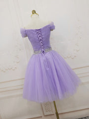 Purple Off Shoulder Tulle Sequin Prom Dress, Purple Homecoming Dress