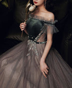 Green Tulle Sequin Long Prom Dress, Green Formal Dress