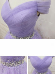 Purple Off Shoulder Tulle Sequin Prom Dress, Purple Homecoming Dress