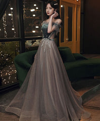 Green Tulle Sequin Long Prom Dress, Green Formal Dress