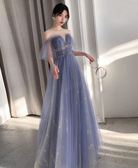 Blue Tulle Lace Long Prom Dress, Blue Tulle Lace Evening Dress, 3