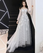 Gray Tulle Lace Long Prom Dress, Gray Tulle Evening Dress, 3