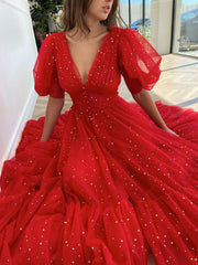 Red V Neck Tulle Tea Length Prom Dress, Red Evening Dress