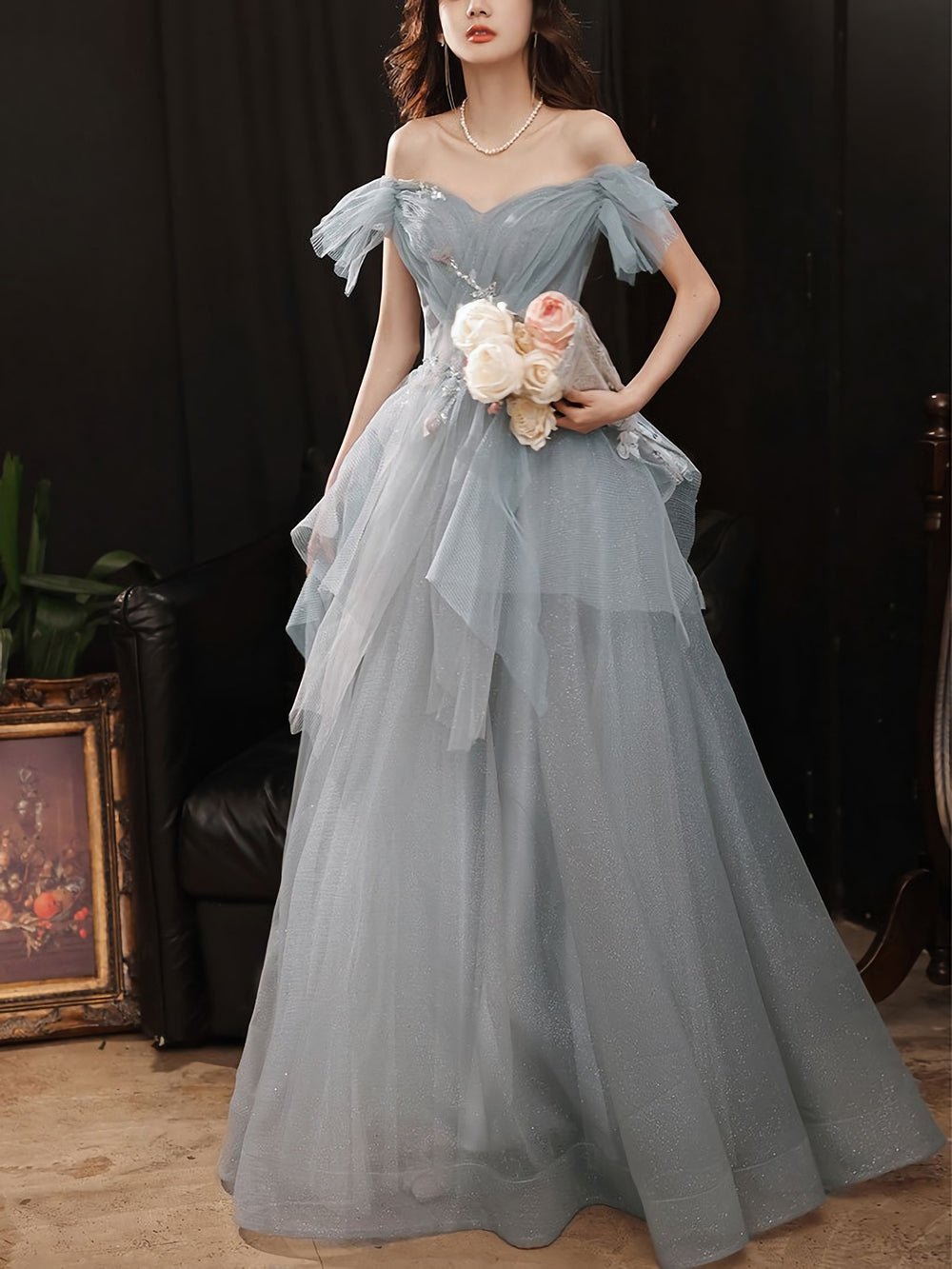 Gray Blue Sweetheart Neck Tulle Long Prom Dress, Gray Evening Dress