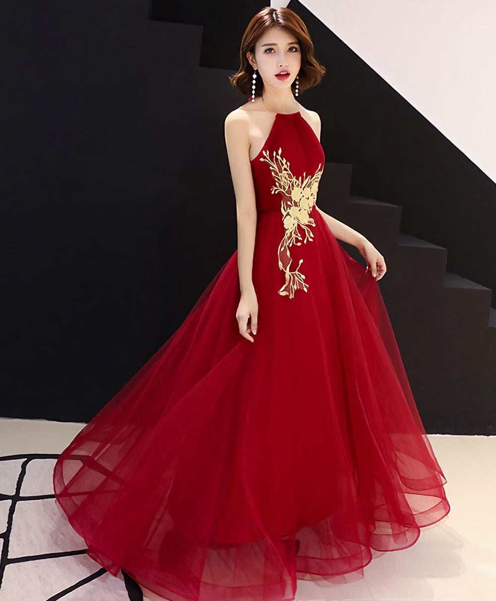 Burgundy Tulle Lace Long Prom Dress, Burgundy Tulle Evening Dress, 2