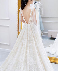 White V Neck Lace Long Prom Dress, White Lace Wedding Dress