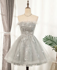 Gray Sweetheart Lace Tulle Short Prom Dress, Gray Cocktail Dress