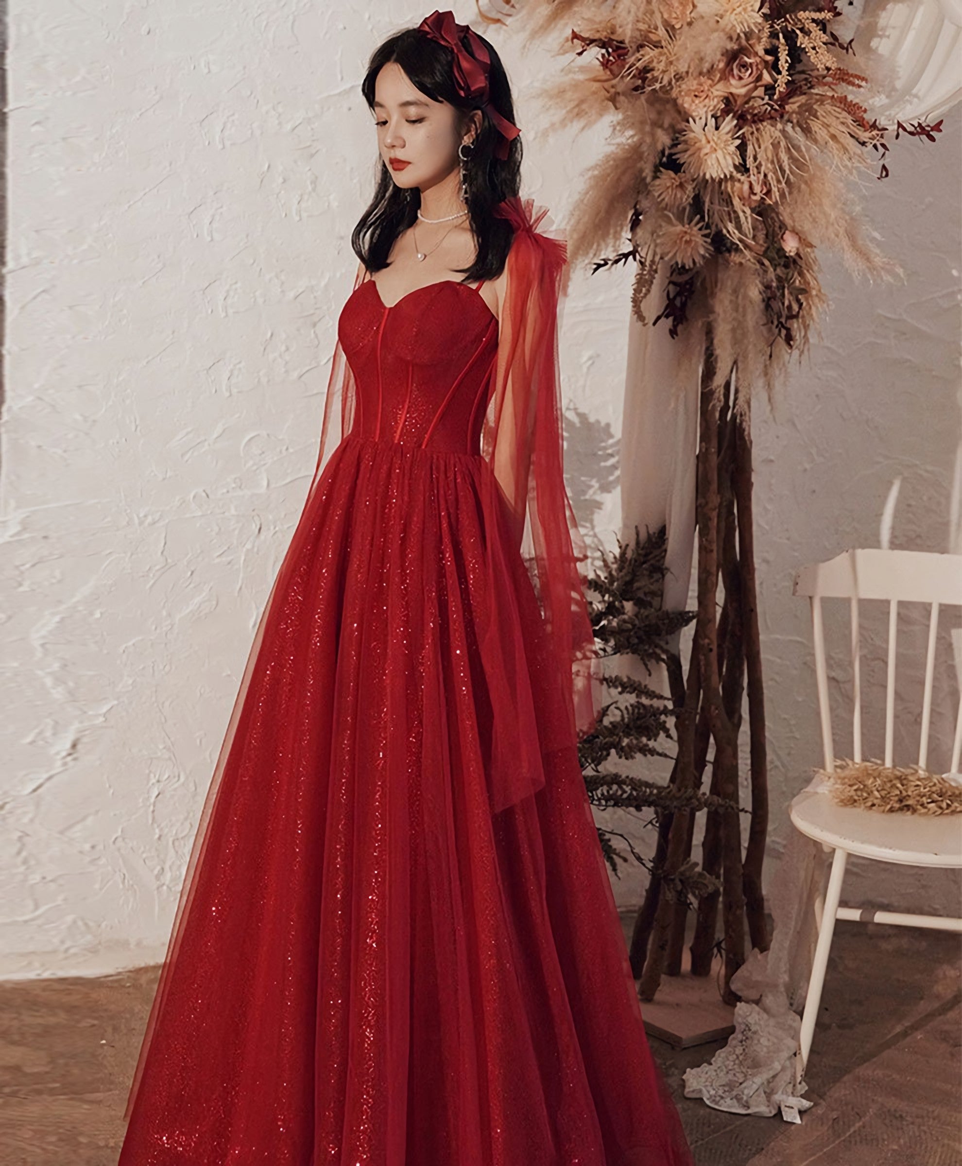 Burgundy Tulle Long Prom Dress, Burgundy Formal Dress