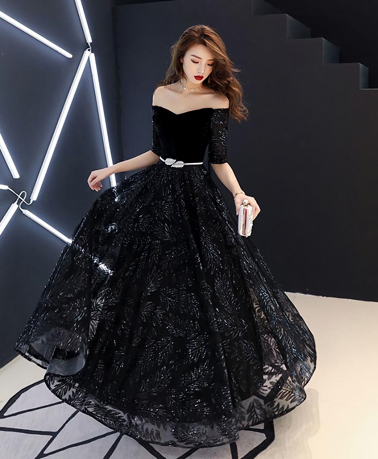 Unique Black Lace Long Prom Dress, Black Lace Evening Dress Main image