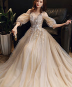 Champagne V Neck Tulle Lace Long Prom Dress, Champagne Formal Dress