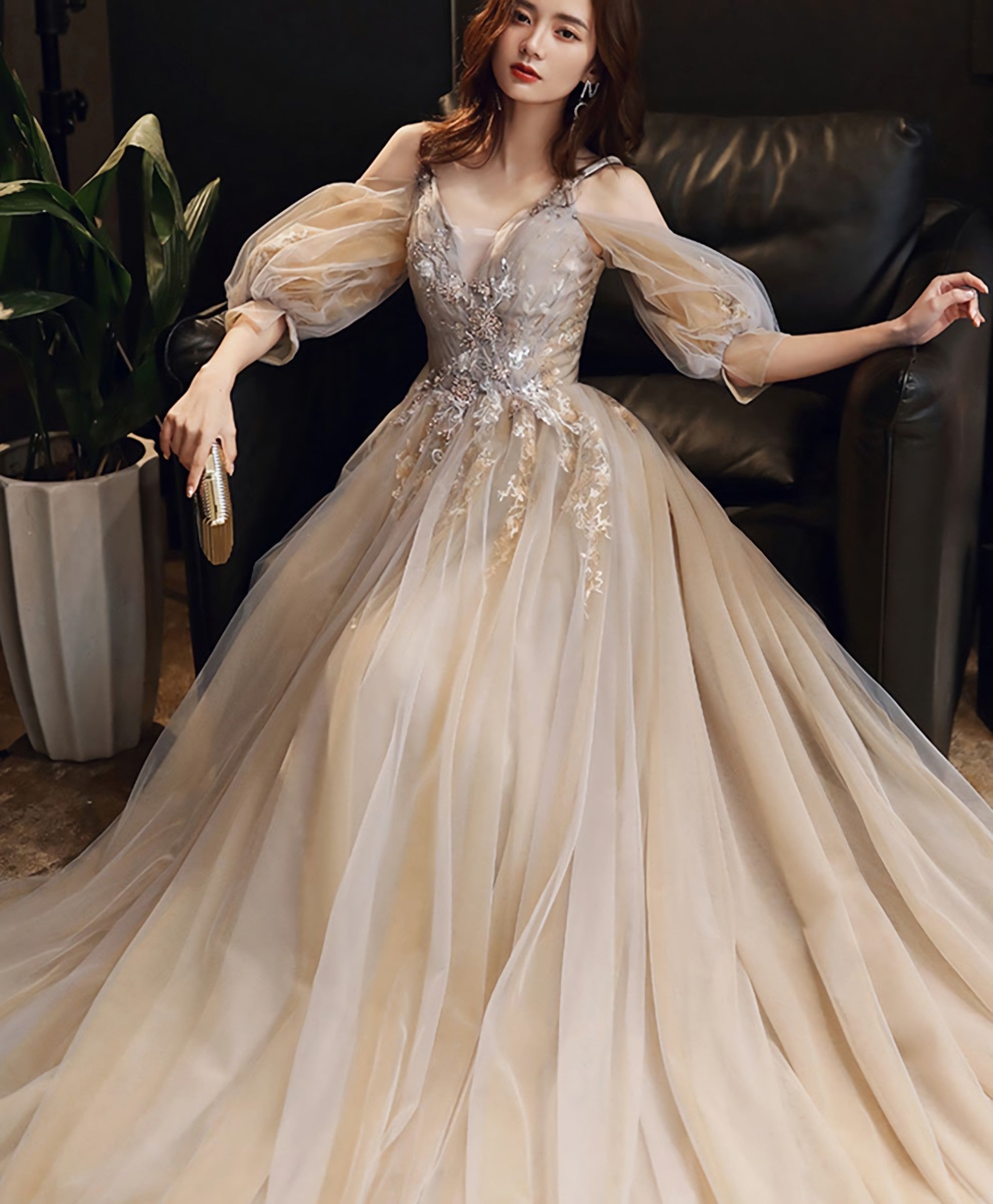Champagne V Neck Tulle Lace Long Prom Dress, Champagne Formal Dress