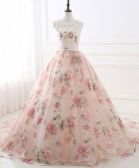 Pink Round Neck Tulle Lace Long Prom Dress, Pink Long Evening Gown