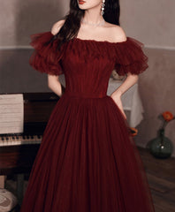 Simple Burgundy Off Shoulder Tulle Long Prom Dress, Burgundy Evening Dress