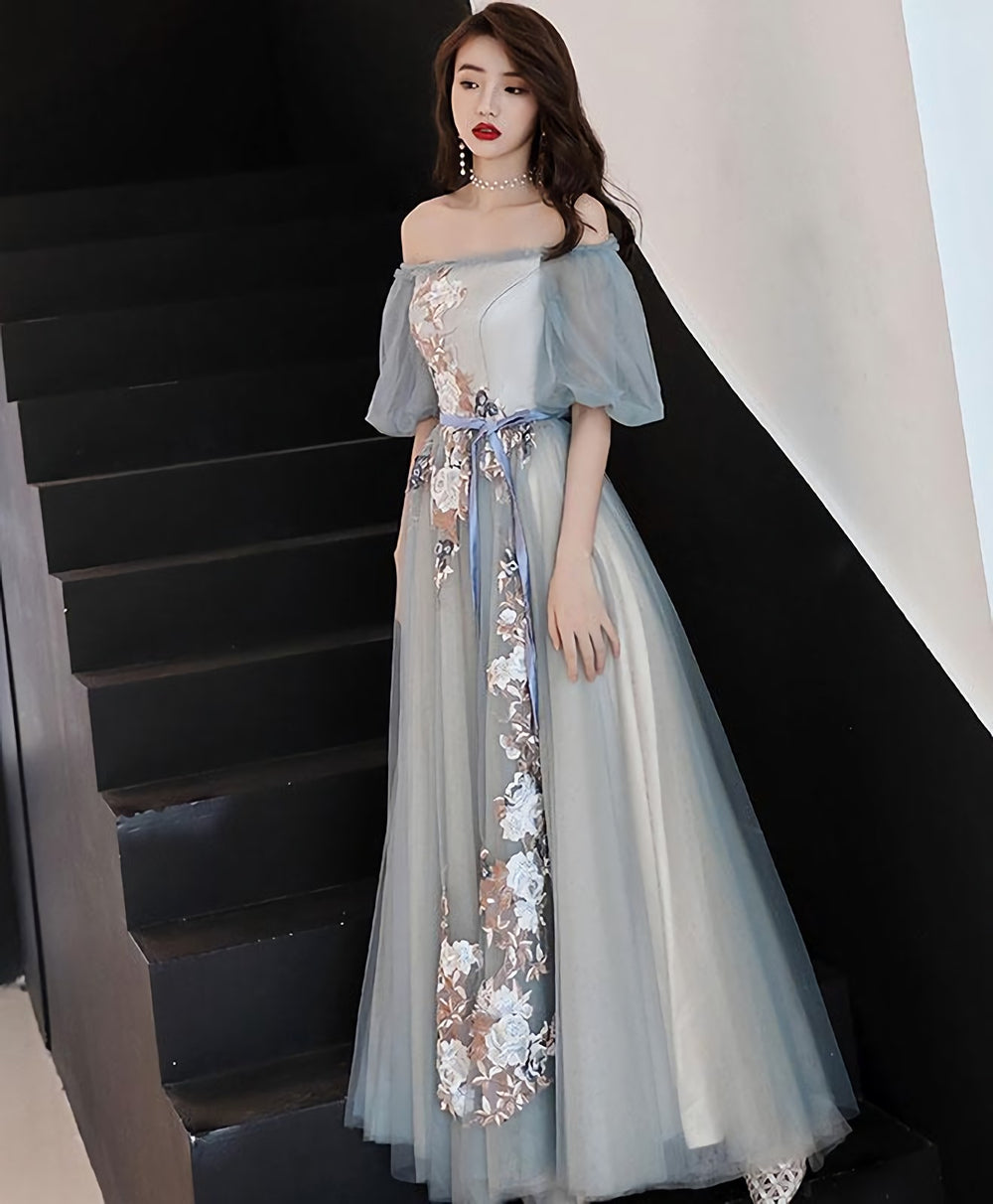 Gray Blue Tulle Lace Long Prom Dress, Gray Blue Evening Dress