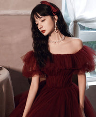 Simple Burgundy Off Shoulder Tulle Long Prom Dress, Burgundy Evening Dress