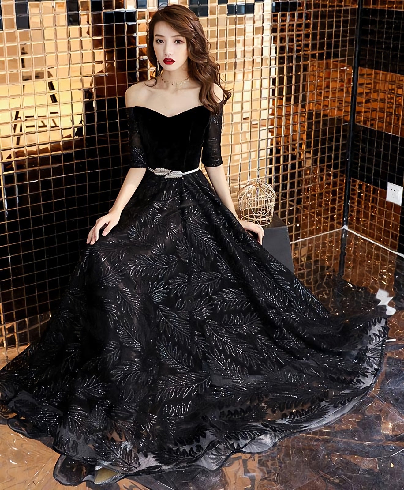 Unique Black Lace Long Prom Dress, Black Lace Evening Dress