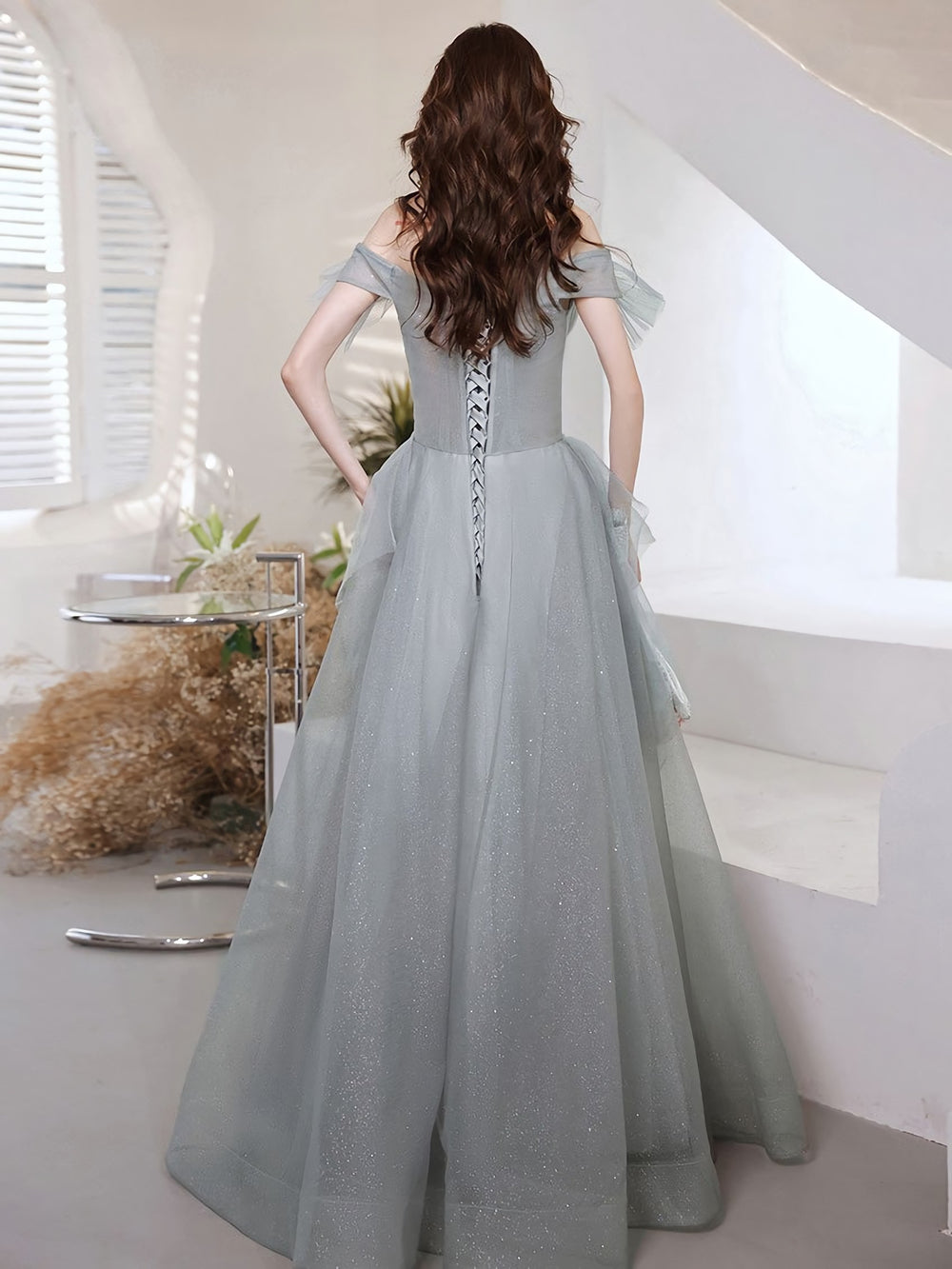 Gray Blue Sweetheart Neck Tulle Long Prom Dress, Gray Evening Dress