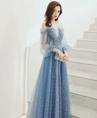 Blue Round Neck Tulle Sequin Long Prom Dress, Tulle Evening Dress