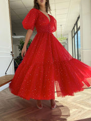 Red V Neck Tulle Tea Length Prom Dress, Red Evening Dress